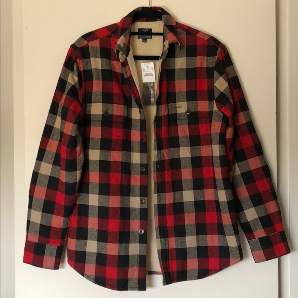 J Crew flannel + faux shearling lined shirt jacket